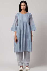 Blue hand-embroidered dress made in 100% handwoven yarn dyed silk Chanderi - front