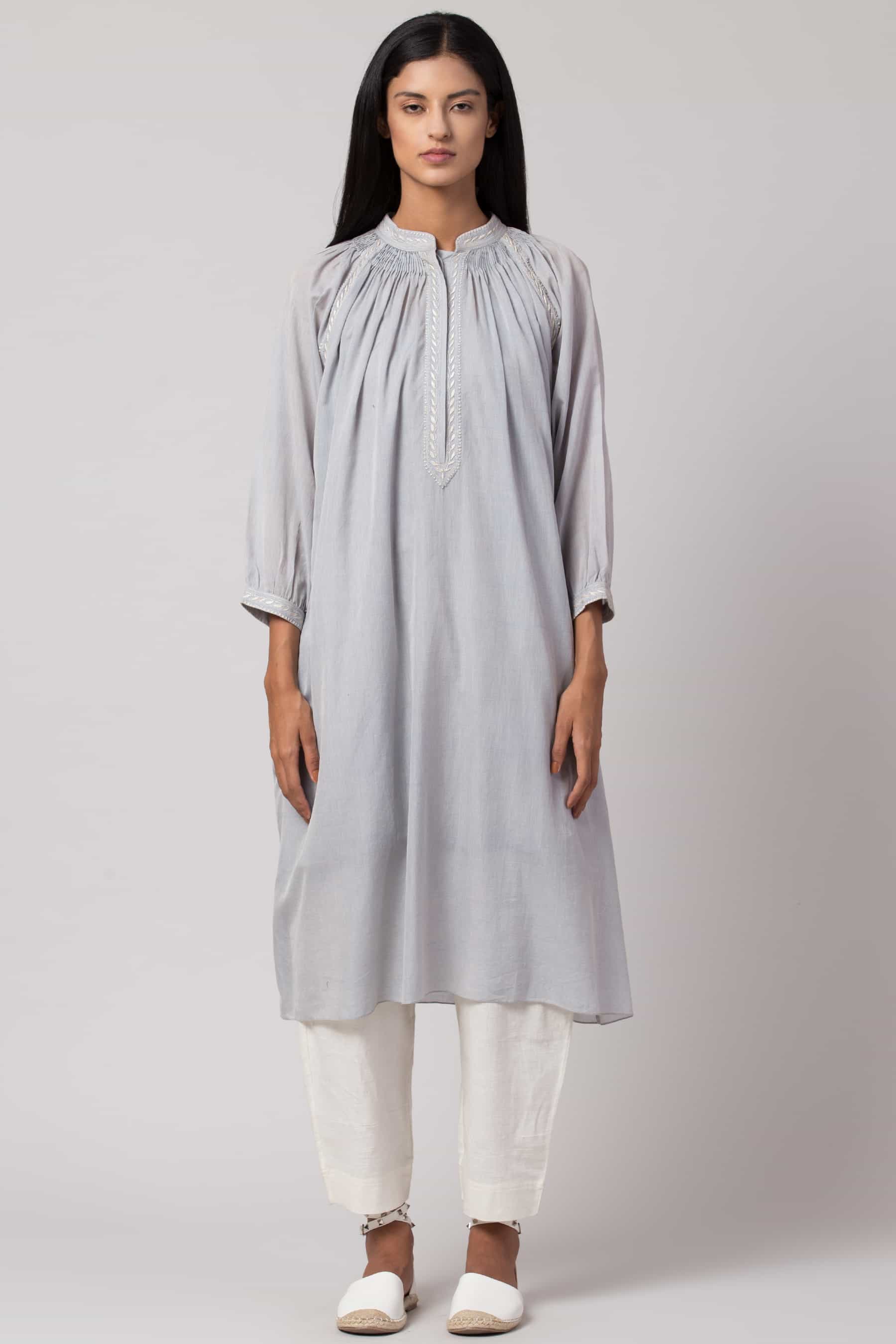 Baby blue Chikankari tunic made in 100% handwoven yarn dyed cotton Chanderi - front