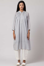 Load image into Gallery viewer, Baby blue Chikankari tunic made in 100% handwoven yarn dyed cotton Chanderi - front
