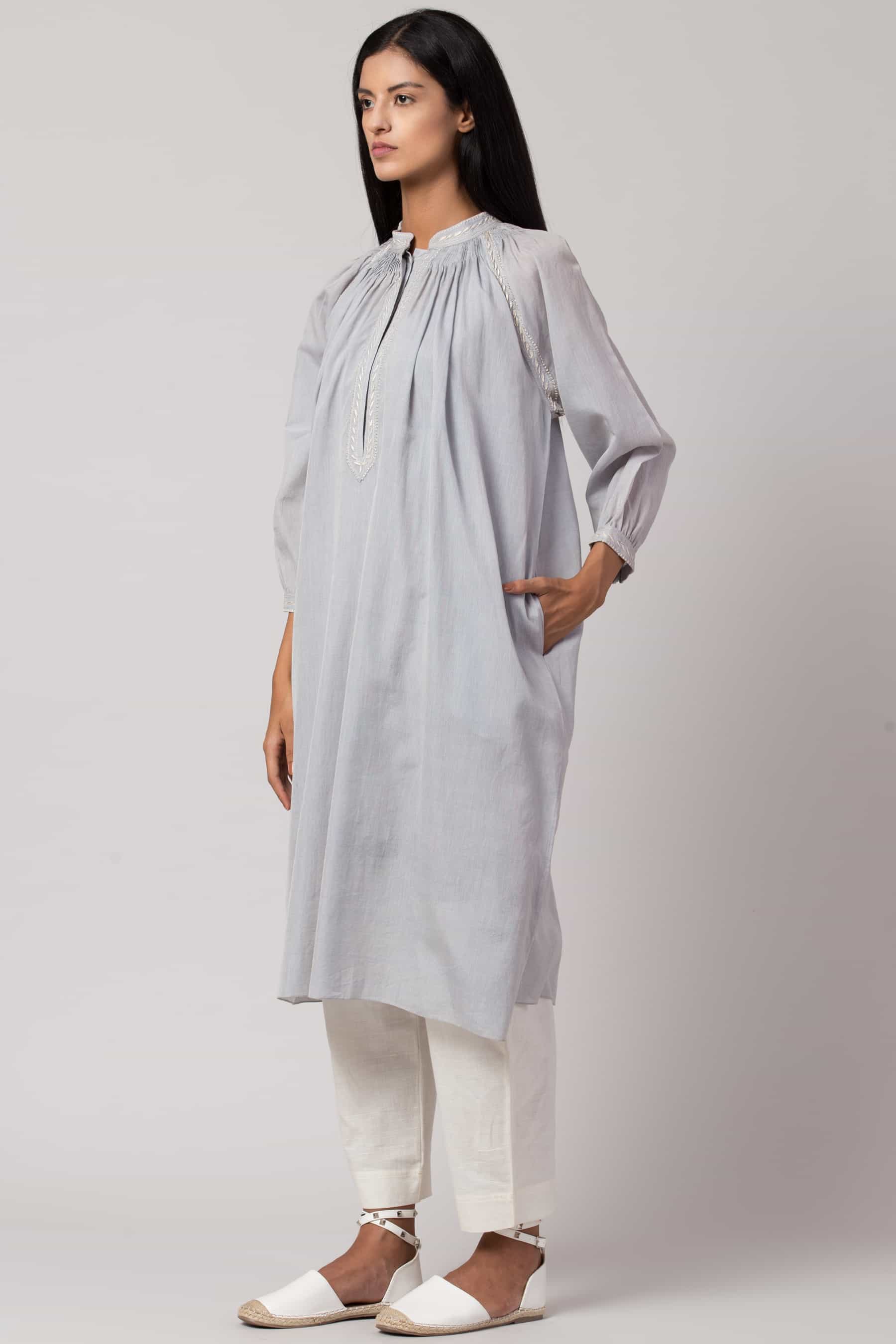 Baby blue Chikankari tunic made in 100% handwoven yarn dyed cotton Chanderi - side