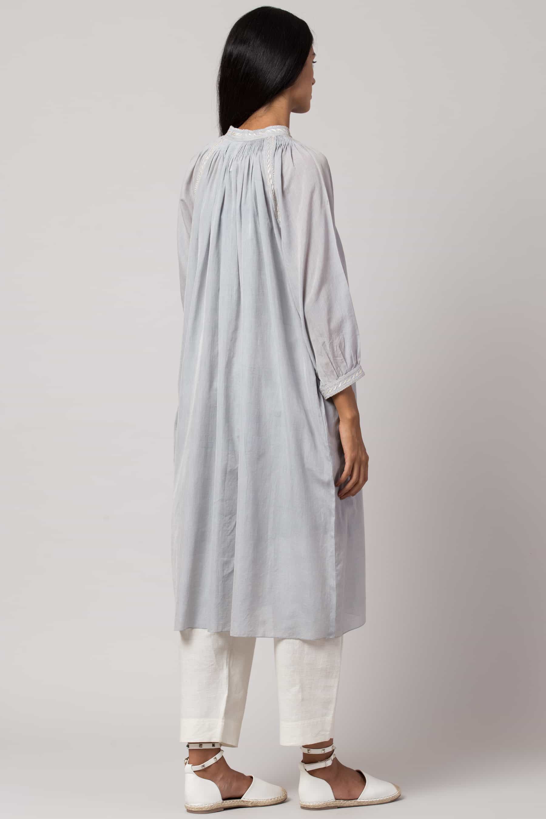 Baby blue Chikankari tunic made in 100% handwoven yarn dyed cotton Chanderi - back