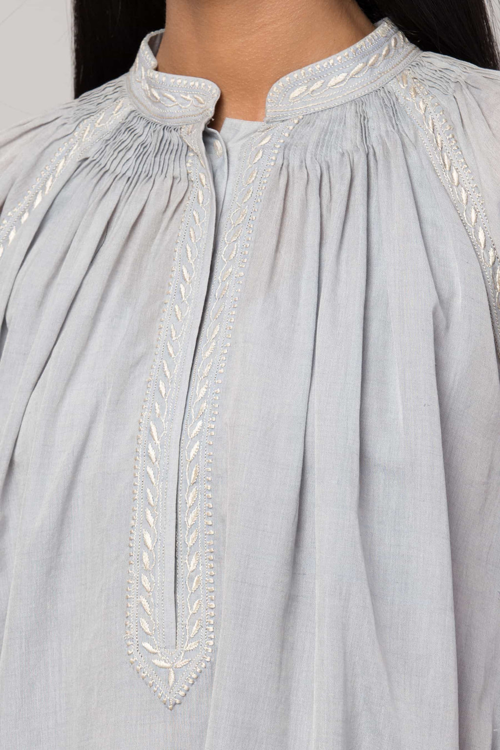 Baby blue Chikankari tunic made in 100% handwoven yarn dyed cotton Chanderi - detail