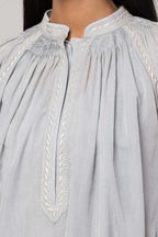 Baby blue Chikankari tunic made in 100% handwoven yarn dyed cotton Chanderi - detail